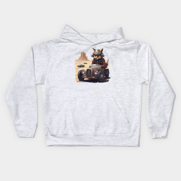 a Fox racing a car across the desert Kids Hoodie by JnS Merch Store